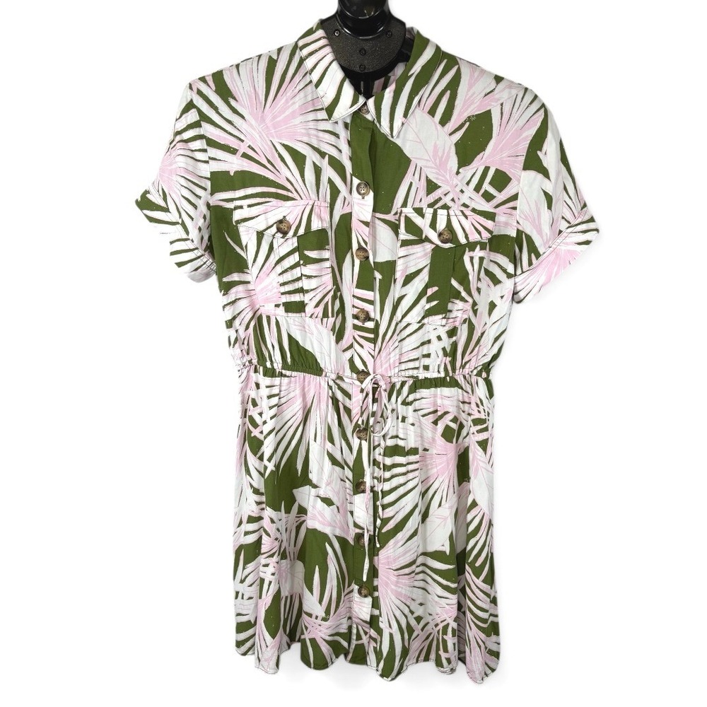 LOFT Womens Green Pinkβ Tropical Palm Leaf Print Button Front Shirt Dress Medium
